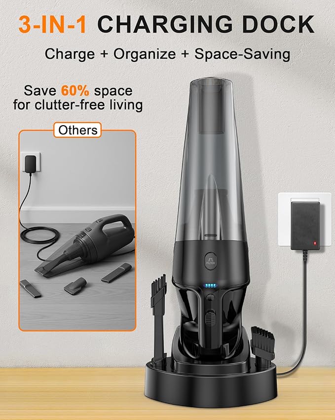 Handheld Vacuum Cordless Rechargeable with Charging Dock - 16000Pa Ultra-Strong Suction, Portable & Lightweight, Fast Chargin