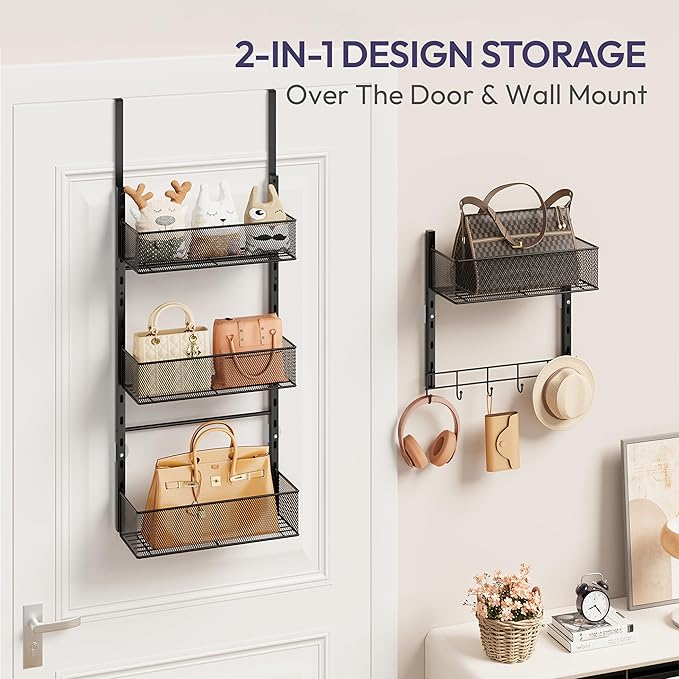 SWTYMIKI Over The Door Purse Organizer - Wall Mounted Purse Rack with 4 Adjustable Metal Basket and 6 Hooks, Hanging Bag Rack