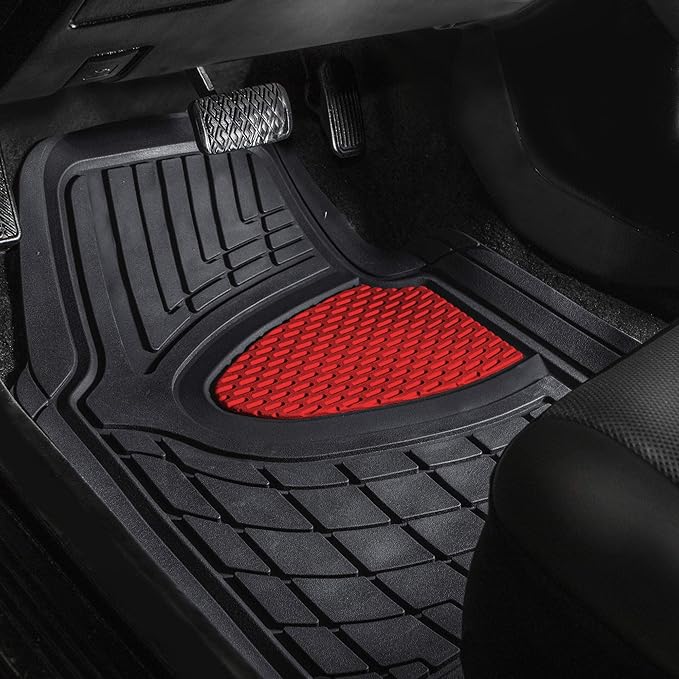 FH Group Premium Liners Tall Channel Trimmable All Weather Rubber Full Set Car Floor Mats (Red) w. Trimmable All-Season Cargo Liner (Black) - Universal Fit for Cars Trucks and SUVs