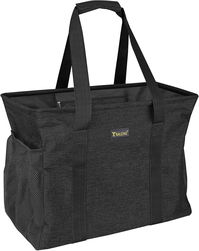 BALEINE Extra Large Utility Tote Bag with Reinforced Wire Frame, Reusable Grocery Bag for Shopping, Picnic (Black, 16.5''x14''x10'')