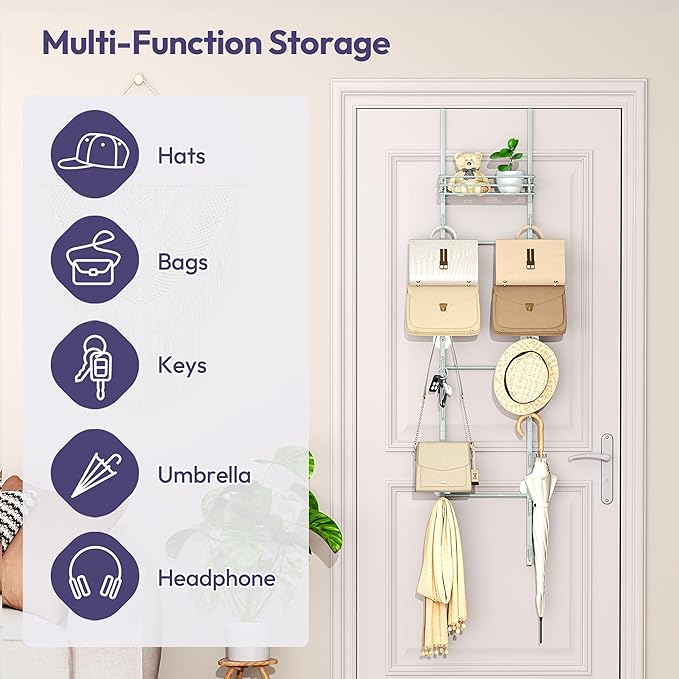 SWTYMIKI Over The Door Purse Organizer - Wall Mounted Handbag Organizer with 16 Hooks and Metal Basket, Hanging Purse Storage