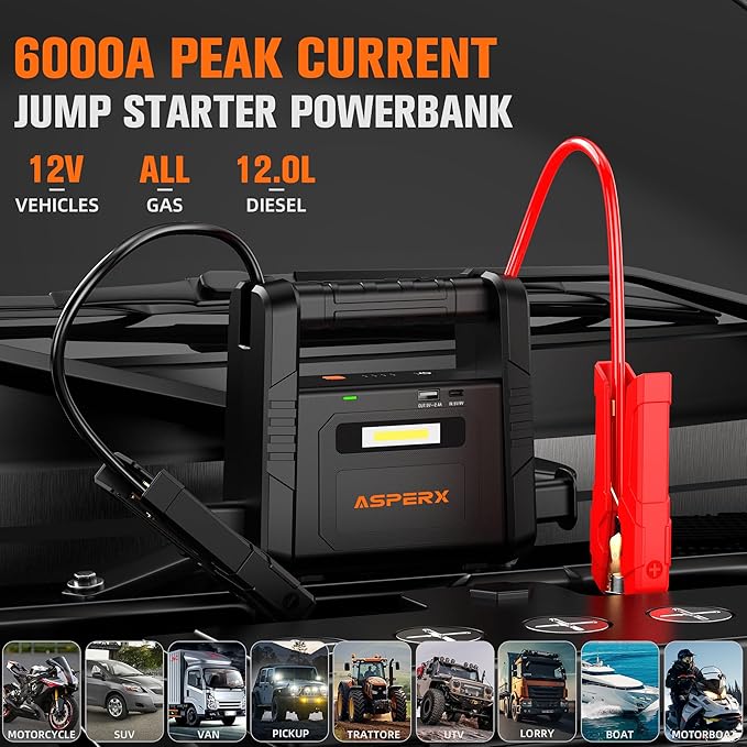 AsperX 6000A Car Jump Starter, Battery Jumper Starter Portable for 12V Vehicles (for All Gas or up to 12L Diesel) - Car