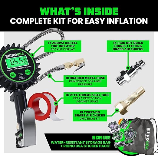 Rhino USA Digital Tire Pressure Gauge with Inflator (0-200 PSI) - Heavy Duty Air Chuck and Compressor Accessories with Stainless Braided Hose, Large 2" Dial and Solid Brass Hardware for Truck and RV