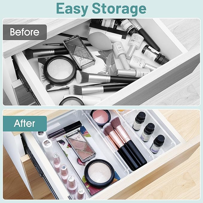 WOWBOX 25 PCS Clear Plastic Drawer Organizer Set, 4 Sizes Desk Drawer Divider Organizers and Storage Bins for Makeup, Jewelry