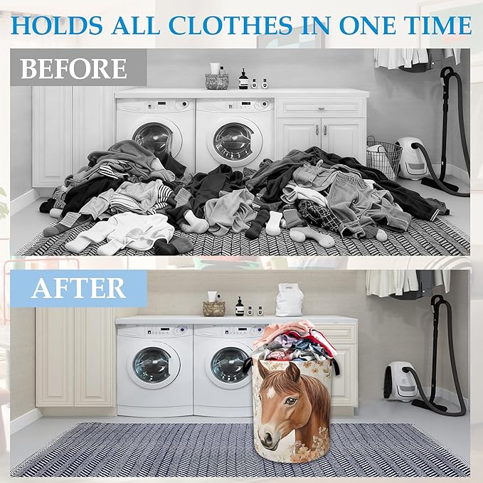 Horse Flowers Laundry Basket Collapsible Laundry Hamper Oxford Storage Bin for Clothes Storage, Toy Organizer, Books and Sund