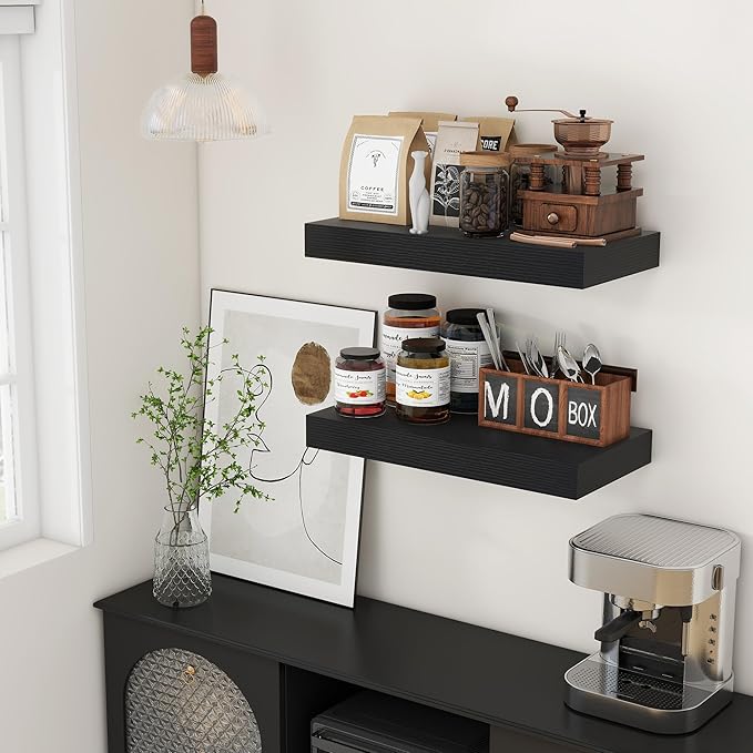 Deep Floating Shelves | 24 Inch Black Floating Shelves Set of 2 | 12 Inch Deep Rustic Wood Shelves for Wall | 24" W x 12" D B