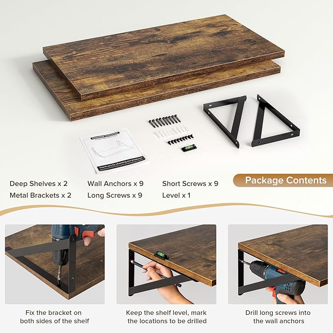 Deep Floating Shelves Wall Mounted, 24"x12" Brown Wood Shelves with Brackets Set of 2 for Bedroom, Living Room, Bathroom, Kit