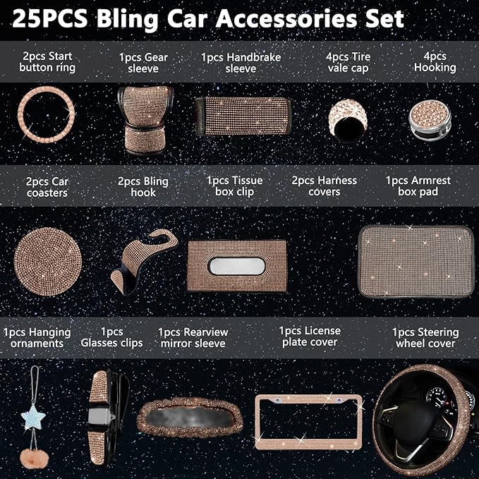 25PCS Bling Car Car Accessories Set,15 Inch Steering Wheel Cover,Shiny License Plate Frame,Center Console Cover and Rearview Mirror Set and Other Car Accessories(Champ)