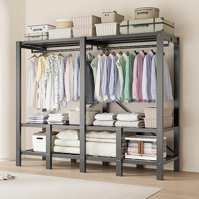 Heavy Duty Clothing Rack with Oxford Fabric Cover, Portable Closet Wardrobe with Hanging Rods, Freestanding Wardrobe, Metal C