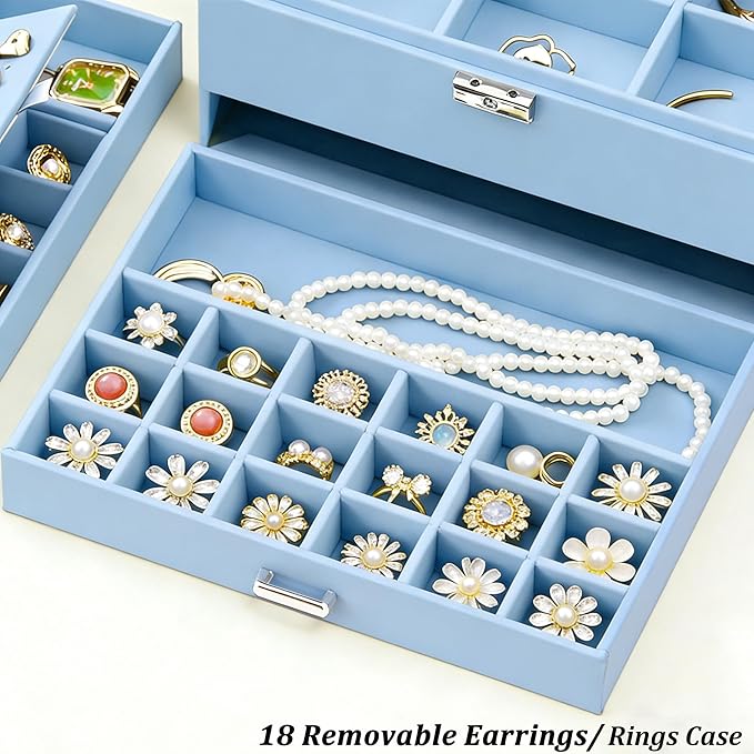 QBestry 3-Layer Jewelry Box for Girls & Teens with Lock and Key, Large Jewelry Organizer with 8 Necklace Hooks & 56 Earring H