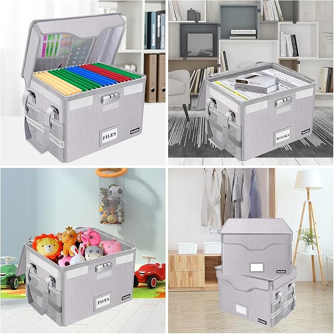 DocSafe Fireproof Document Box with Lock,File Storage Organizer with Zipper Pockets,Collapsible Portable File Box Home Office