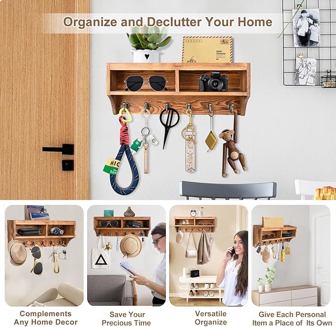 Key Holder Wall Mount - Mail Organizer Wall Mount with 6 Key Hooks and Storage Box for Sunglasses Storage and Dog Leash Holde