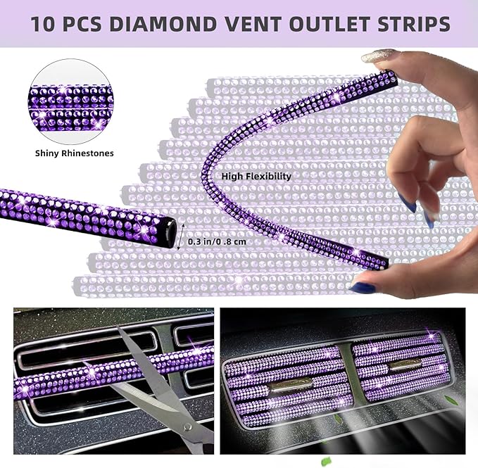 NBTEPEM 30 Pcs Purple Bling Car Accessories Set for Women, Purple Steering Wheel Cover Set, Bling Console Cover, Seat Belt Cushion, Shift Knob Cushion, Cup Coaster, Rhinestone Car Hanging Accessories