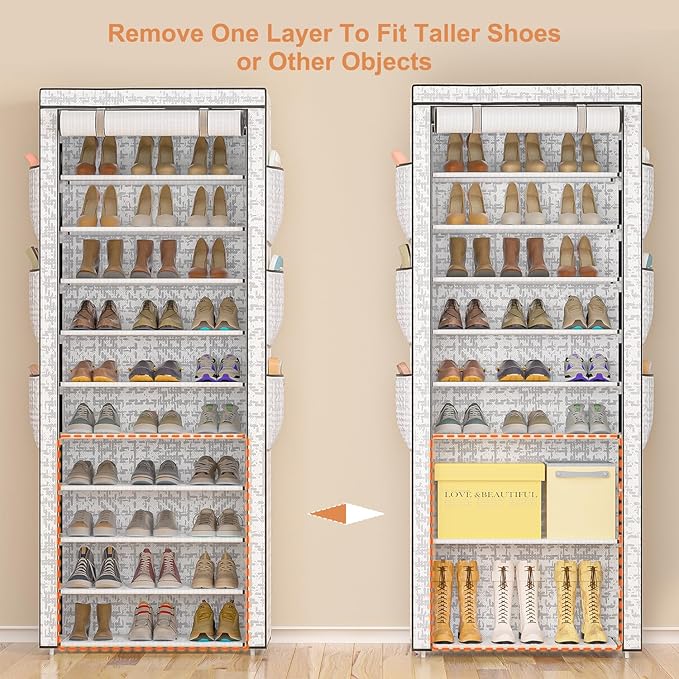 OYREL Shoes Rack 10 Tier Tall Shoe Rack with Storage Pockets, Fabric Covered Shoe Racks,Metal Shoes Rack Organizer for Closet