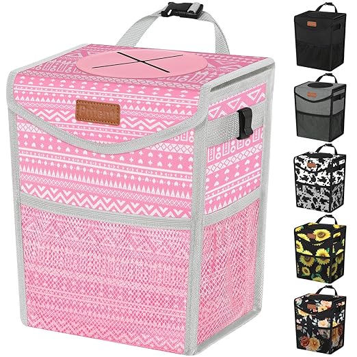 Car Trash Can with Lid, Cute Leakproof Car Trash Garbage Bag Hanging Vehicle Trash Bin Small Portable Automotive Garbage Cans Organizer for Back/Front Seat/Console(Trapezoid,Pink Print)