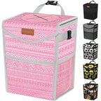 Car Trash Can with Lid, Cute Leakproof Car Trash Garbage Bag Hanging Vehicle Trash Bin Small Portable Automotive Garbage Cans Organizer for Back/Front Seat/Console(Trapezoid,Pink Print)