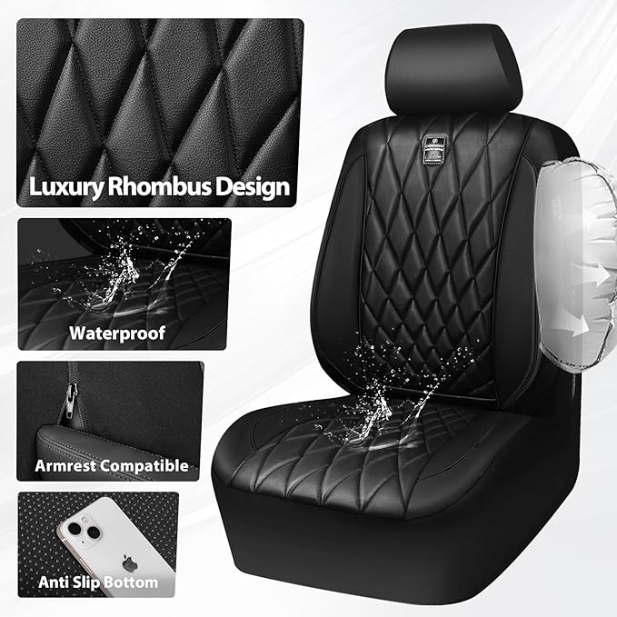 CAR PASS Piping Luxury Faux PU Leather Two Front Car Seat Covers, Waterproof Anti Slip Seat Covers Compatible with Front Seat