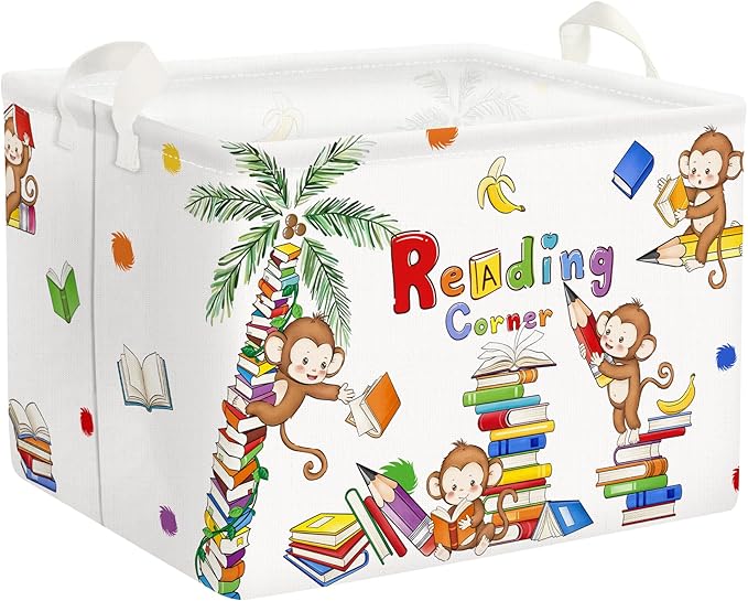 Clastyle Reading Corner School Classroom Book Basket 36L Large Monkey Book Tree Shelf Basket for Kid Nursery Room Collapsible