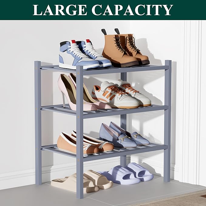 Smiry Bamboo Shoe Rack for Closet, 3 Tier Small Wooden Stackable Shoe Organizer, Free Standing Shoes Storage Shelf for Entryw