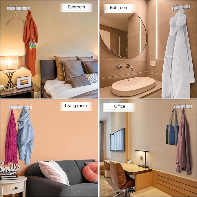 White Coat Rack Wall Mount – 12 Inch Stainless Steel Hook Rail with 4 Heavy Duty Double Coat Hooks – Wall Mounted Coat Hanger