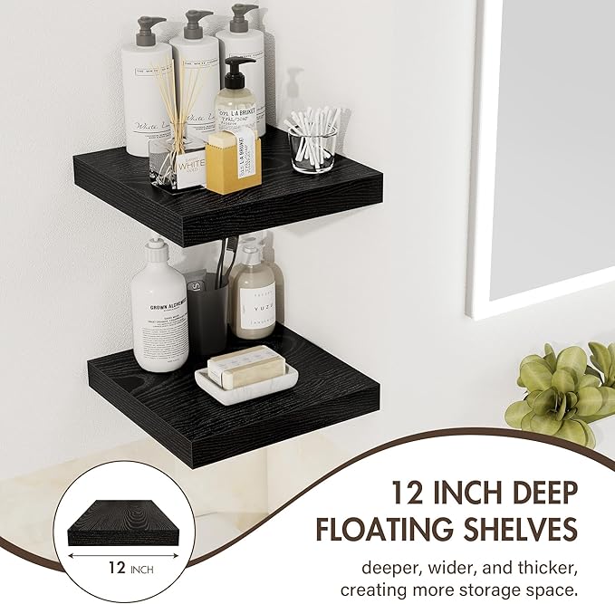 12 Inch Floating Shelves, 12" Deep Floating Shelf Wall Mounted, 12" Wall Shelves, Rustic Deep Bookshelf, Extra Deeper Display
