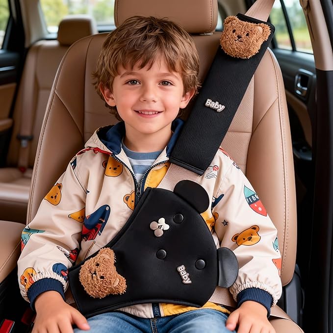 Seat Belt Cover Pad for Kids, Cute Animal Child Seatbelt Covers for Girls and Boys (Bear(Black))