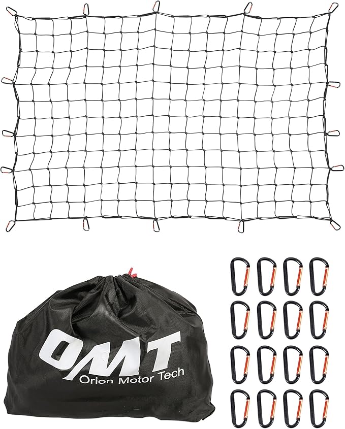 Orion Motor Tech Cargo Net for Pickup Truck Bed, 4'x6' Stretches to 8'x12' Cargo Roof Rack Netting Compatible with Ford Ram GMC Toyota Chevrolet, Bungee Net Mesh with Handmade Knots 16 Carabiners