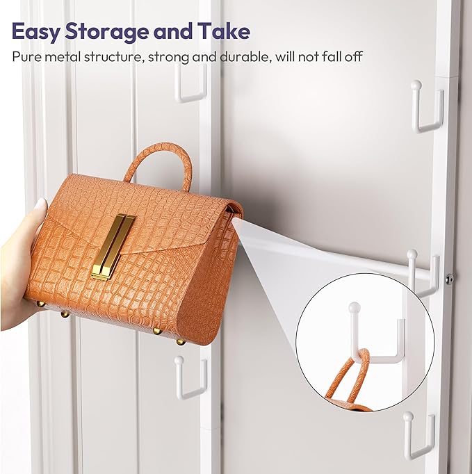 SWTYMIKI Over The Door Purse Organizer - Wall Mounted Purse Rack with 16 Hooks and Metal Basket, Handbag Hanger Organizer Hol