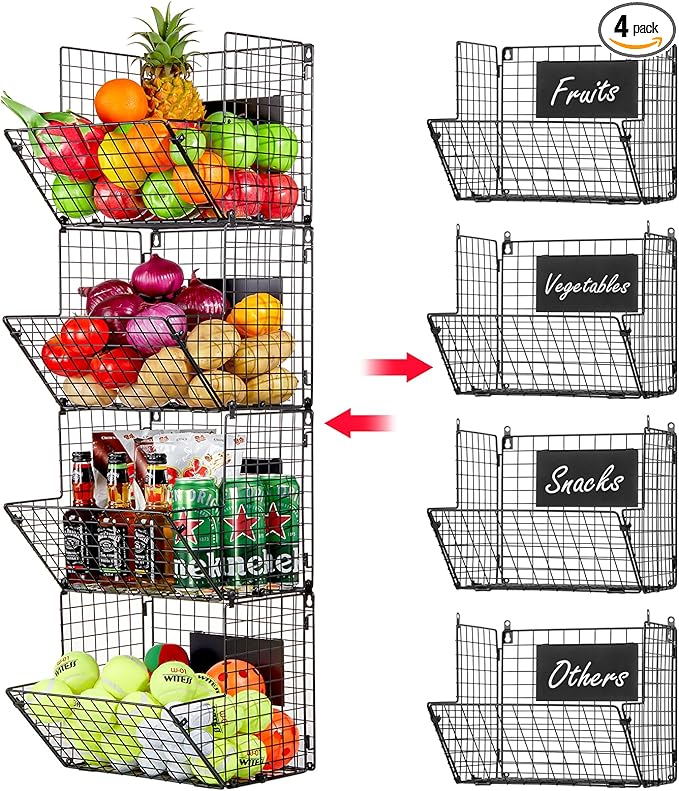 X-cosrack Metal Wire Basket Wall Mount, 4 Tier Extra Large Wall Storage Basket Organizer with Chalkboards, Kitchen Fruits and