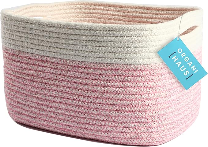 OrganiHaus Cotton Rope Basket for Shelf - Woven Storage Basket for Organizing, Closet & Toy Storage - Pink/Off-White - 15x9x1