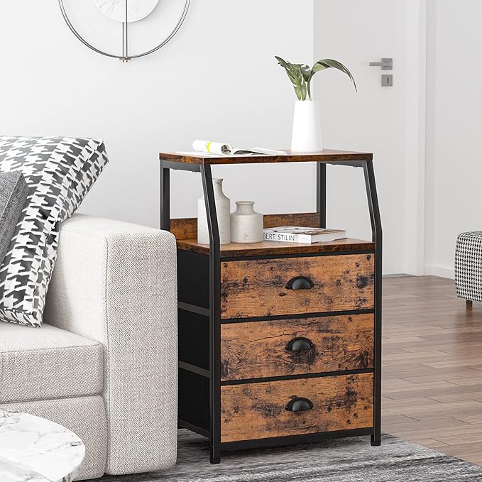 Furnulem Nightstand with 3 Drawers and 2-Tier Shelf, Fabric Small Dresser Organizer Vertical Storage Tower for Bedroom, Close