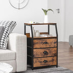 Furnulem Nightstand with 3 Drawers and 2-Tier Shelf, Fabric Small Dresser Organizer Vertical Storage Tower for Bedroom, Close