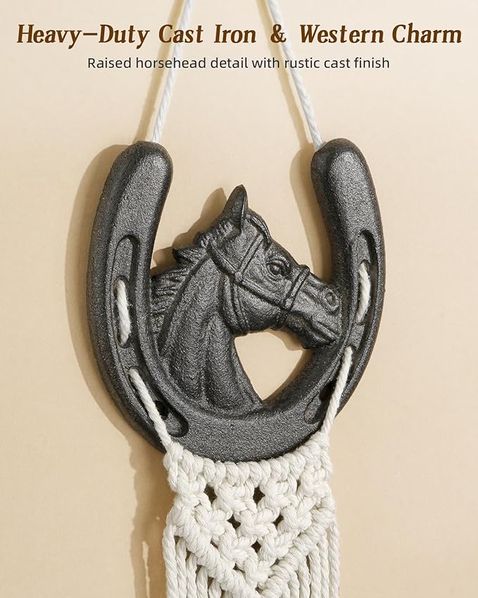 Macrame Wall Hat Rack Boho Hat Organizer Wall Mount with Cast Iron Horsehead Hanger Western Hat Holder for Women Wide Brimmed