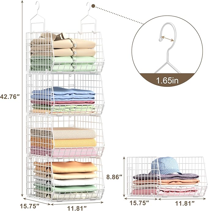 4" Extra Deeper Foldable Hanging Closet Organizer, Small Wire Cabinet Shelves and Storage with 5 S Hooks,4 Tier Metal Basket 