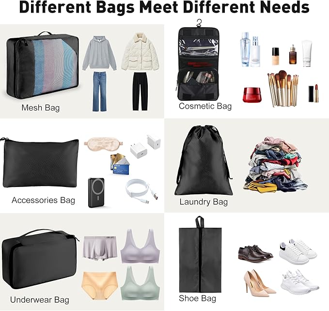 Toncoke 8-Piece Packing Cubes for Travel, Mesh Luggage Organizers with Shoe Bag, Toiletry Bag, Laundry Pouches, 4 Sizes (XL/L