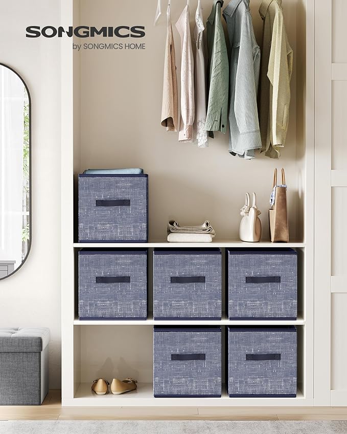 SONGMICS Storage Cubes, 11.8-Inch Non-Woven Fabric Bins with Double Handles, Set of 6, Closet Organizers for Shelves, Foldabl