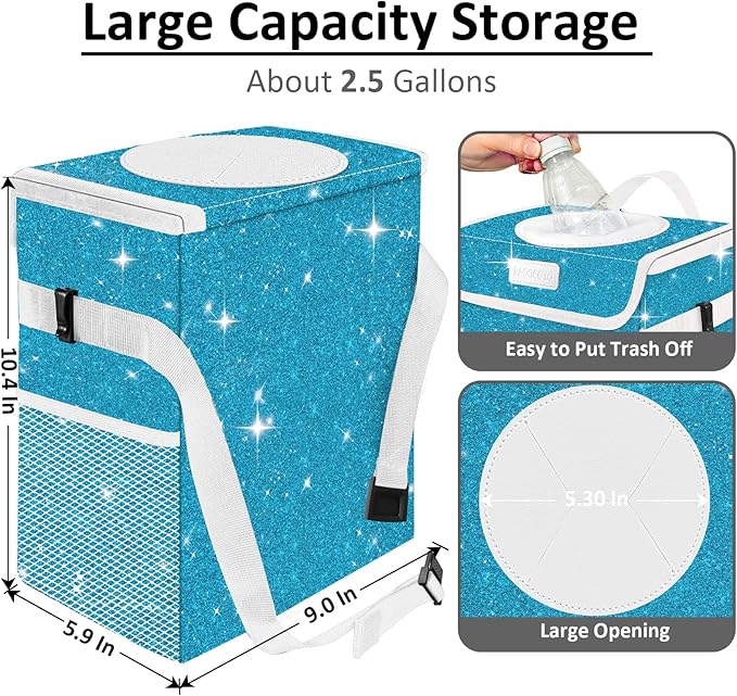 Car Trash Can for Car, Cute Mini Car Trash Bag with Lid, Glitter Car Garbage Can Bin Hanging for Back/Front Seat/Console, Waterproof, Leakproof, 2.5 Gallon, Blue Bling Sparkly