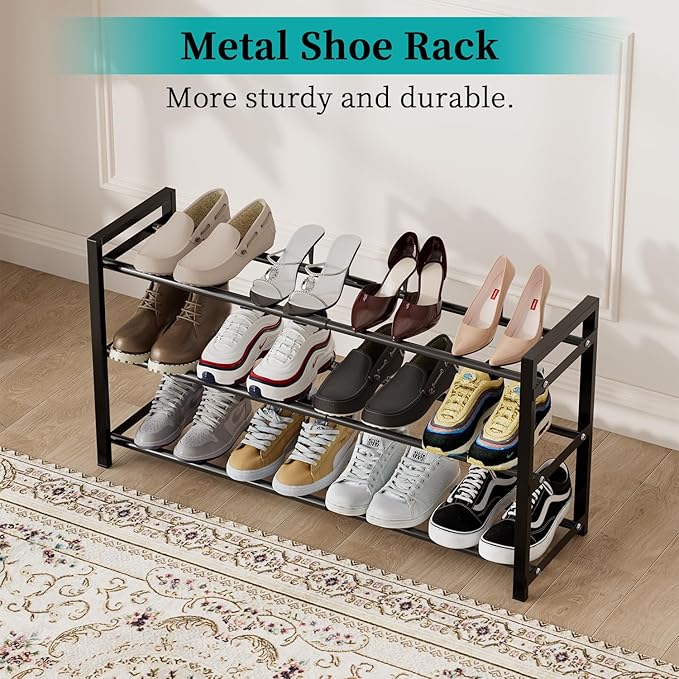 EKETE Expandable Shoe Rack,Adjustable and Stackable 3-Tier Shoe Rack Organizer, Shoe Rack for Closet,Space Saving,Metal Free 