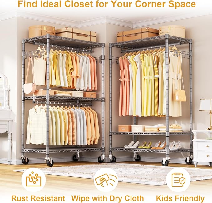 ULIFHOME P1 Rolling Clothing Rack with Lockable Wheels, Heavy-Duty Garment Rack for Hanging Clothes, Portable Closet Wardrobe