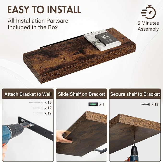 30 Inch Floating Shelves, 12" Deep Floating Shelf Wall Mounted, 30" Wall Shelves, Rustic Deep Bookshelf, Extra Deeper & Thick