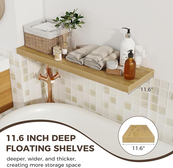 Fun Memories 12 Deep Floating Shelves, 40W x 12D Floating Shelves for Wall Set of 2, Extra Deeper Hanging Wood Shelves for Wa