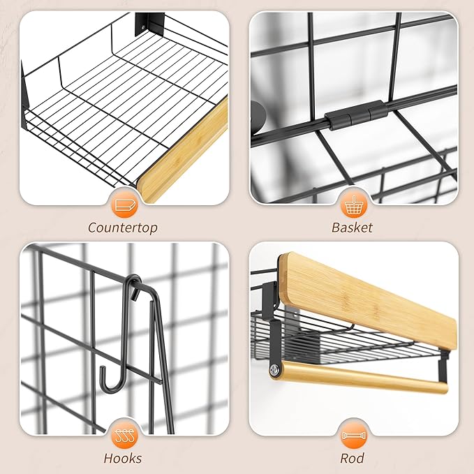 Wall Mounted Laundry Room Shelves, Wire Baskets with 8 Hooks and Hanging Rod, Over The Washer and Dryer Shelf, Drying Rack, L