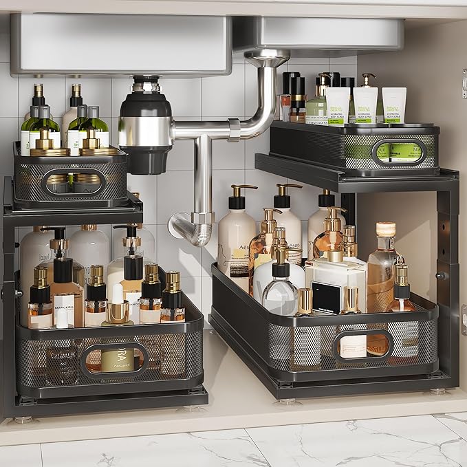 2 Pack 18.5IN-Depth Under Sink Organizer With Next-Gen Ball-Bearing Slides,2-Tier Precision Mesh Pull Out Cabinet Storage for
