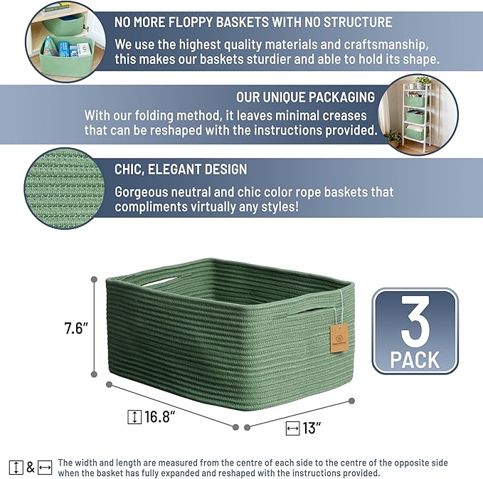 NaturalCozy Storage Baskets 16.8”x13”x7.6” Cotton Rope Woven Baskets for Organizing 3-Pack | Toy Storage Bins | Basket for Sh