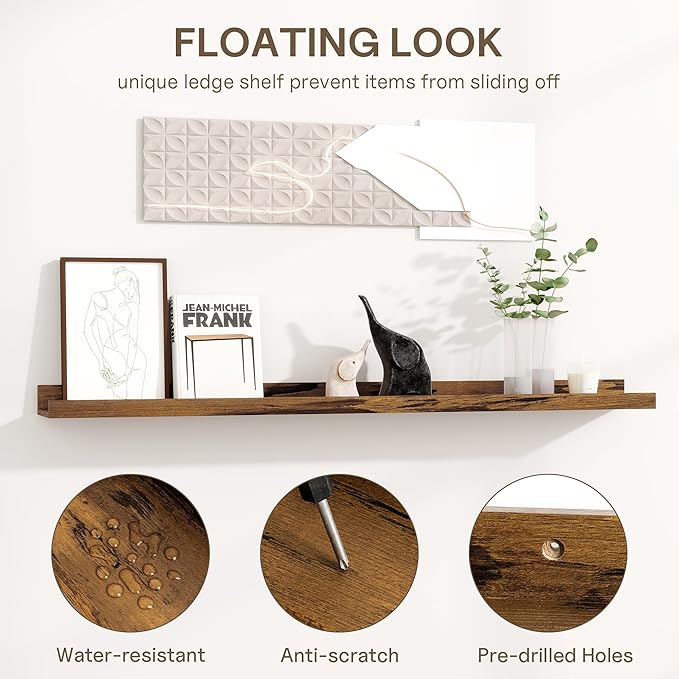 Fun Memories Long Wall Shelves Set of 2-60 Inch Floating Shelves for Wall - Picture Ledge Shelf with Lip for Storage - Wall -