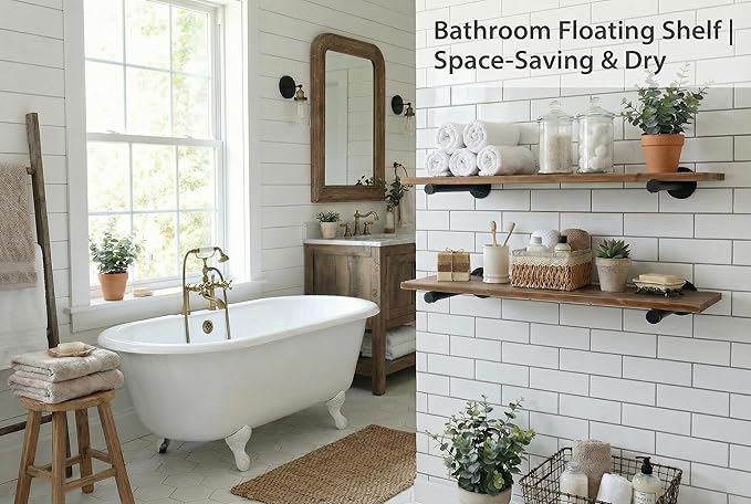IEO 36 Inch Industrial Pipe Shelving Shelves,Solid Pine Long Floating Shelves for Wall, Wood Wall Shelf 9.84 Inch Extra Depth