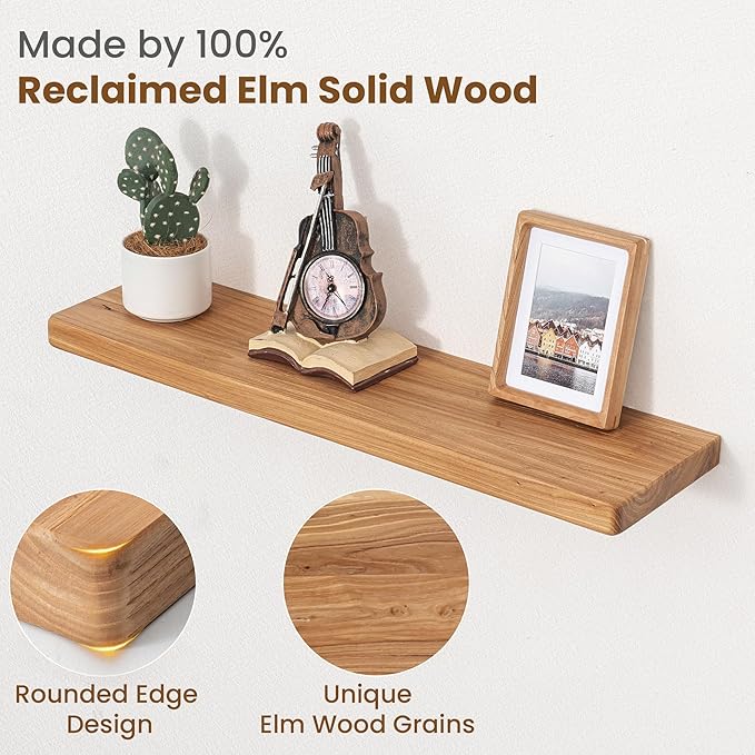 Floating Shelves for Wall, 30"Wx8"D Rustic Solid Elm Wood Floating Shelves Wall Mounted, Round Edge Wall Shelves with Invisib