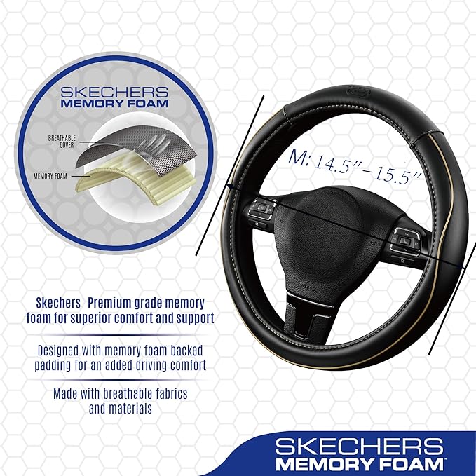 Skechers Memory Foam Steering Wheel Cover,Piping Microfiber Leather Steering Wheel Cover Sporty Universal Fit 14" 1/2-15" Car
