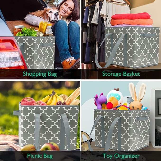 WISELIFE Reusable Grocery Bags 4-Pack Foldable Washable Storage Bins Basket Water Resistant Shopping Utility Tote Bag Grey