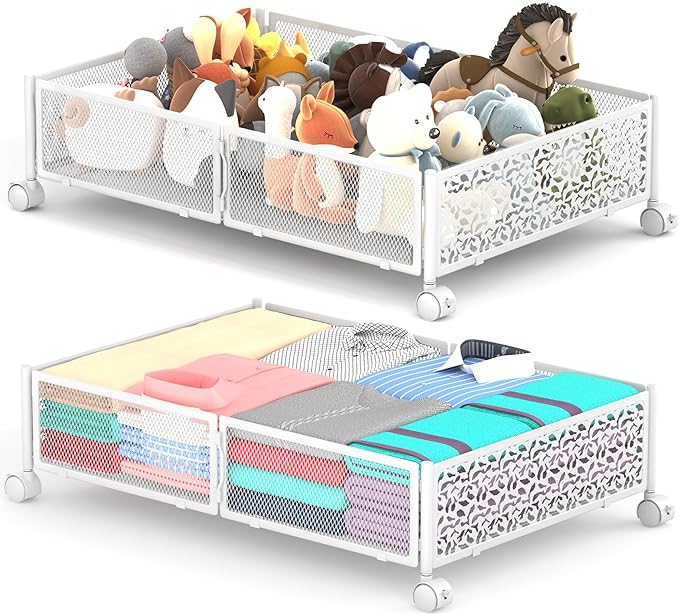 Under Bed Storage with Wheels, 2 Pack Foldable Metal Under Bed Storage Containers, 60L Rolling Underbed Storage, Easy Assembl